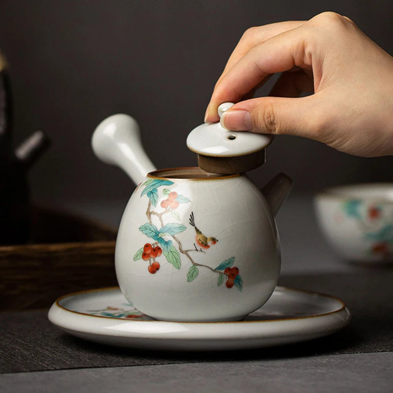 230ml Chinese Traditional Ru Kiln Ceramic Teapots Handmade Flower and Bird Pattern Side Handle Tea Pot Portable Kettle Tea Set
