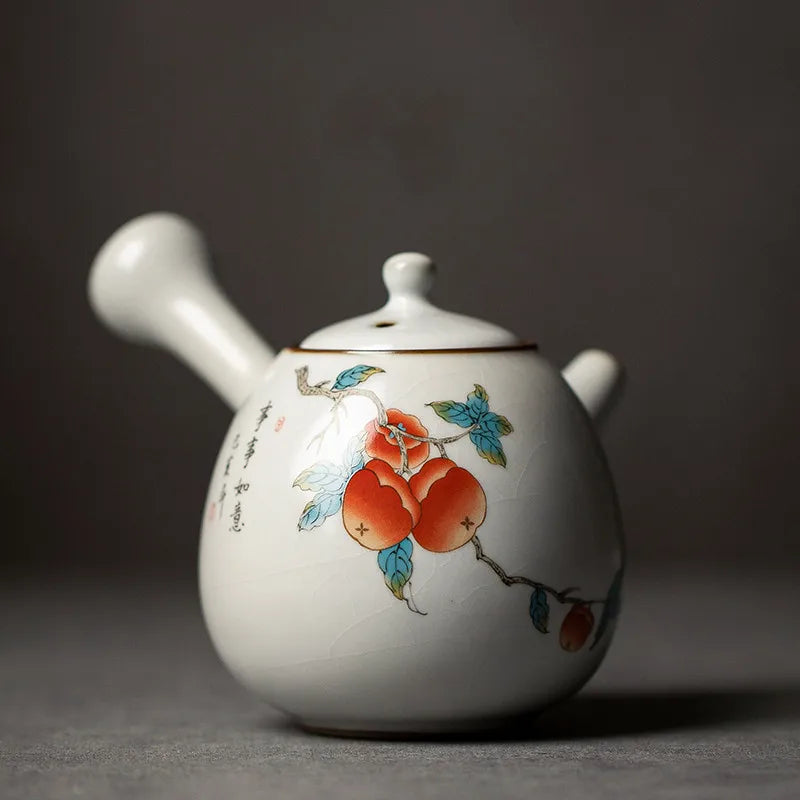 230ml Chinese Traditional Ru Kiln Ceramic Teapots Handmade Flower and Bird Pattern Side Handle Tea Pot Portable Kettle Tea Set