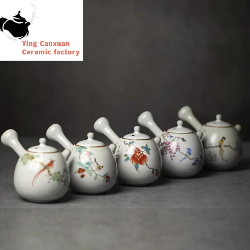 230ml Chinese Traditional Ru Kiln Ceramic Teapots Handmade Flower and Bird Pattern Side Handle Tea Pot Portable Kettle Tea Set