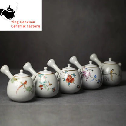 230ml Chinese Traditional Ru Kiln Ceramic Teapots Handmade Flower and Bird Pattern Side Handle Tea Pot Portable Kettle Tea Set