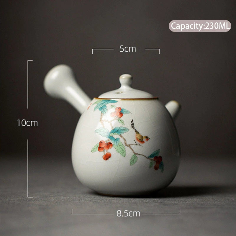 230ml Chinese Traditional Ru Kiln Ceramic Teapots Handmade Flower and Bird Pattern Side Handle Tea Pot Portable Kettle Tea Set