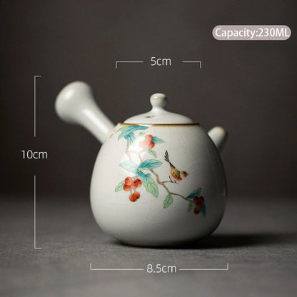 230ml Chinese Traditional Ru Kiln Ceramic Teapots Handmade Flower and Bird Pattern Side Handle Tea Pot Portable Kettle Tea Set
