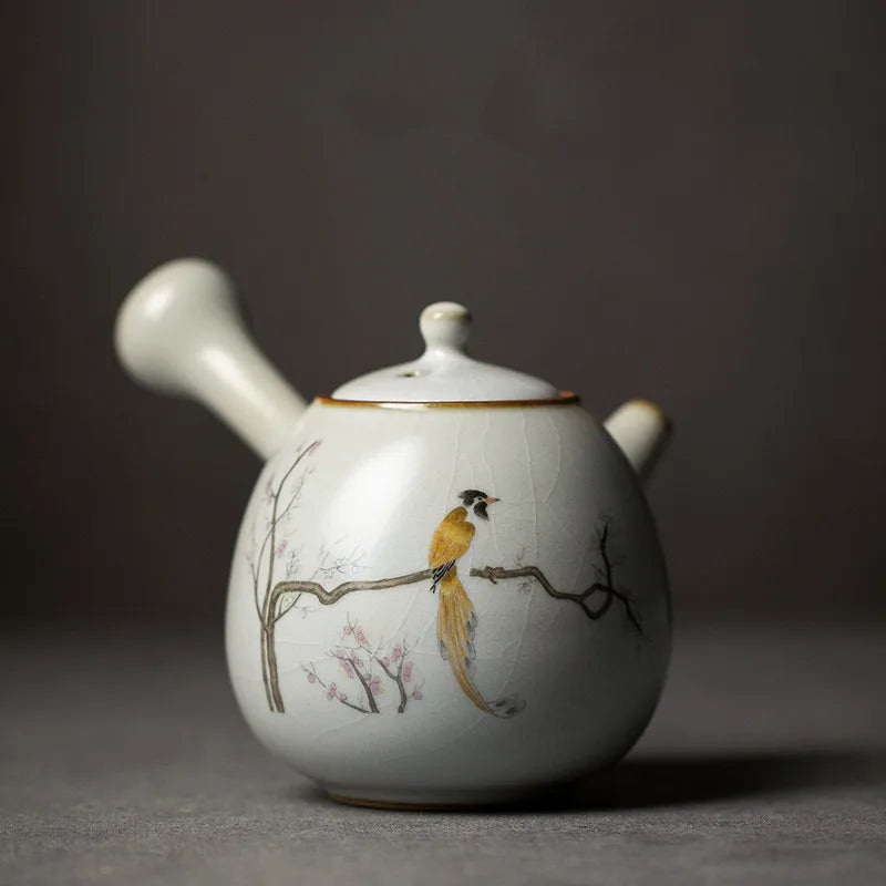 230ml Chinese Traditional Ru Kiln Ceramic Teapots Handmade Flower and Bird Pattern Side Handle Tea Pot Portable Kettle Tea Set