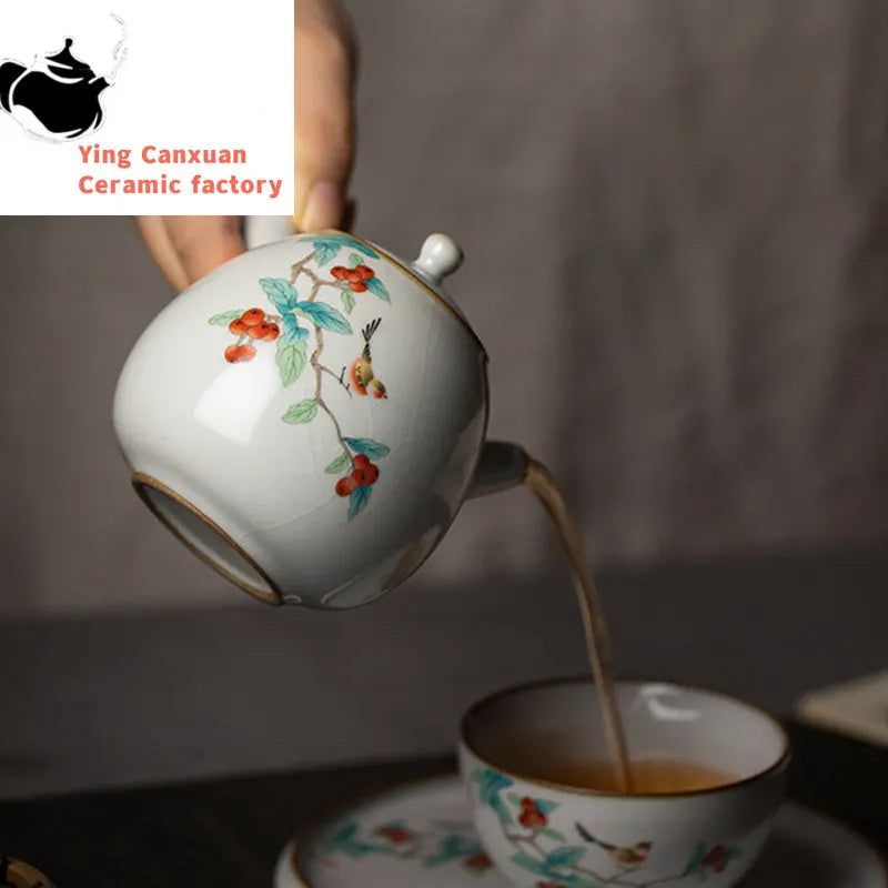 230ml Chinese Traditional Ru Kiln Ceramic Teapots Handmade Flower and Bird Pattern Side Handle Tea Pot Portable Kettle Tea Set
