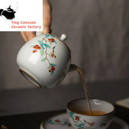 230ml Chinese Traditional Ru Kiln Ceramic Teapots Handmade Flower and Bird Pattern Side Handle Tea Pot Portable Kettle Tea Set