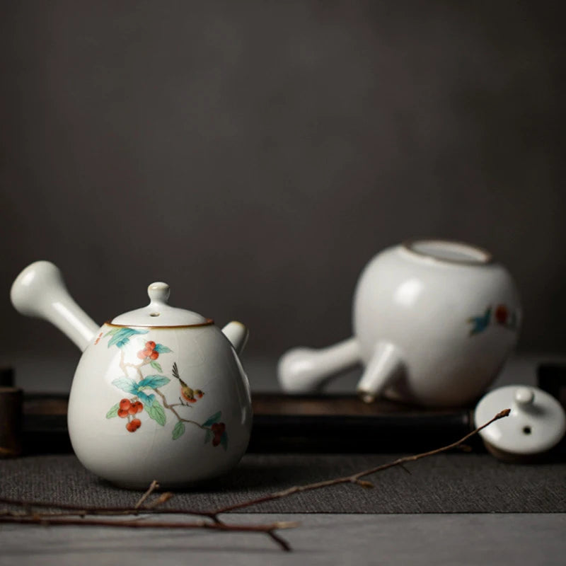 230ml Chinese Traditional Ru Kiln Ceramic Teapots Handmade Flower and Bird Pattern Side Handle Tea Pot Portable Kettle Tea Set