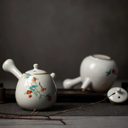 230ml Chinese Traditional Ru Kiln Ceramic Teapots Handmade Flower and Bird Pattern Side Handle Tea Pot Portable Kettle Tea Set