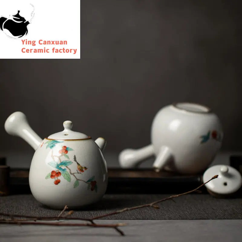 230ml Chinese Traditional Ru Kiln Ceramic Teapots Handmade Flower and Bird Pattern Side Handle Tea Pot Portable Kettle Tea Set