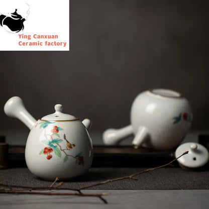 230ml Chinese Traditional Ru Kiln Ceramic Teapots Handmade Flower and Bird Pattern Side Handle Tea Pot Portable Kettle Tea Set