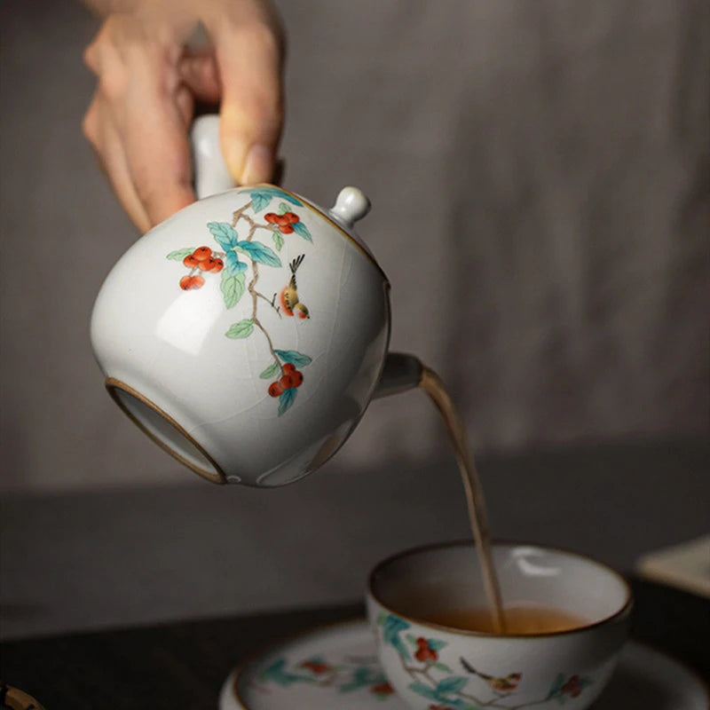 230ml Chinese Traditional Ru Kiln Ceramic Teapots Handmade Flower and Bird Pattern Side Handle Tea Pot Portable Kettle Tea Set