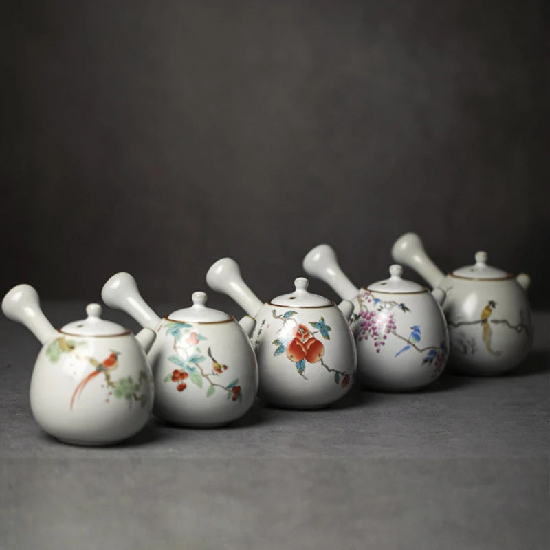 230ml Chinese Traditional Ru Kiln Ceramic Teapots Handmade Flower and Bird Pattern Side Handle Tea Pot Portable Kettle Tea Set