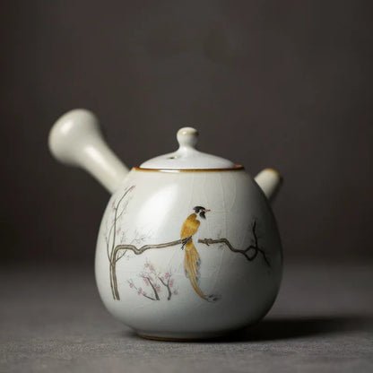 230ml Chinese Traditional Ru Kiln Ceramic Teapots Handmade Flower and Bird Pattern Side Handle Tea Pot Portable Kettle Tea Set