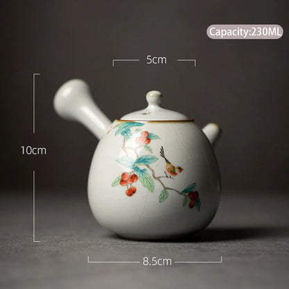230ml Chinese Traditional Ru Kiln Ceramic Teapots Handmade Flower and Bird Pattern Side Handle Tea Pot Portable Kettle Tea Set