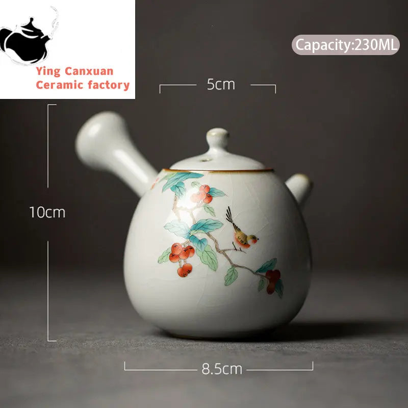 230ml Chinese Traditional Ru Kiln Ceramic Teapots Handmade Flower and Bird Pattern Side Handle Tea Pot Portable Kettle Tea Set