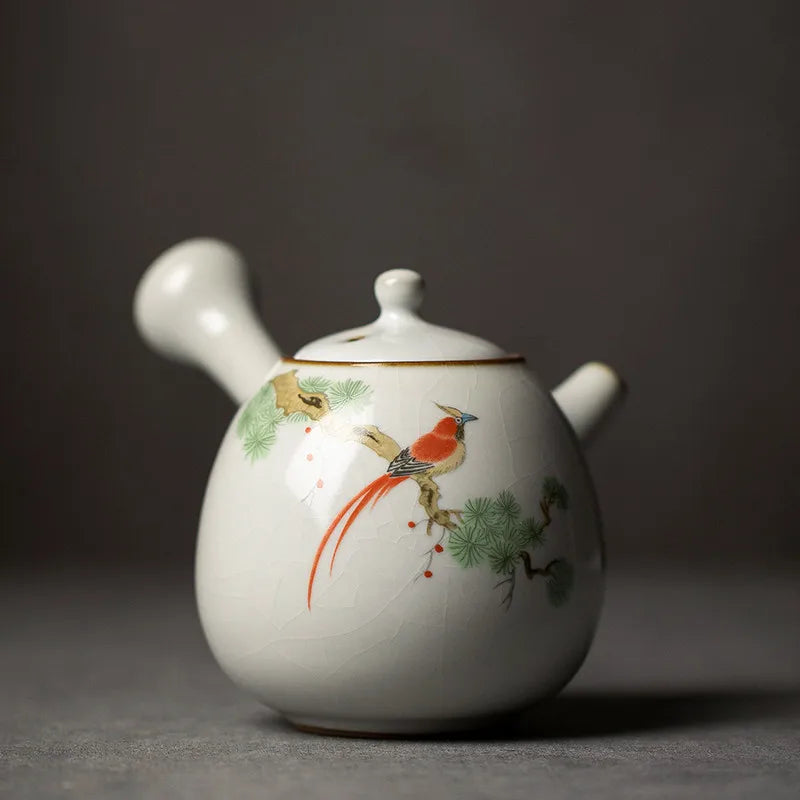 230ml Chinese Traditional Ru Kiln Ceramic Teapots Handmade Flower and Bird Pattern Side Handle Tea Pot Portable Kettle Tea Set