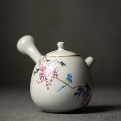 230ml Chinese Traditional Ru Kiln Ceramic Teapots Handmade Flower and Bird Pattern Side Handle Tea Pot Portable Kettle Tea Set