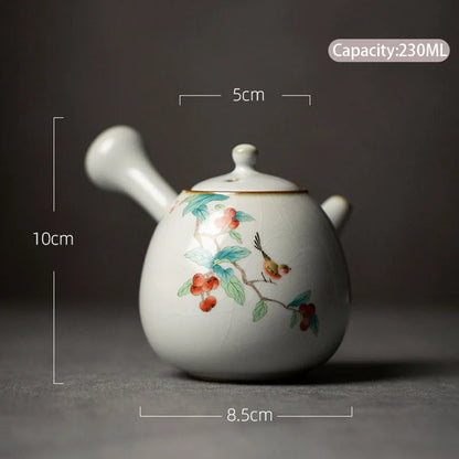 230ml Chinese Traditional Ru Kiln Ceramic Teapots Handmade Flower and Bird Pattern Side Handle Tea Pot Portable Kettle Tea Set