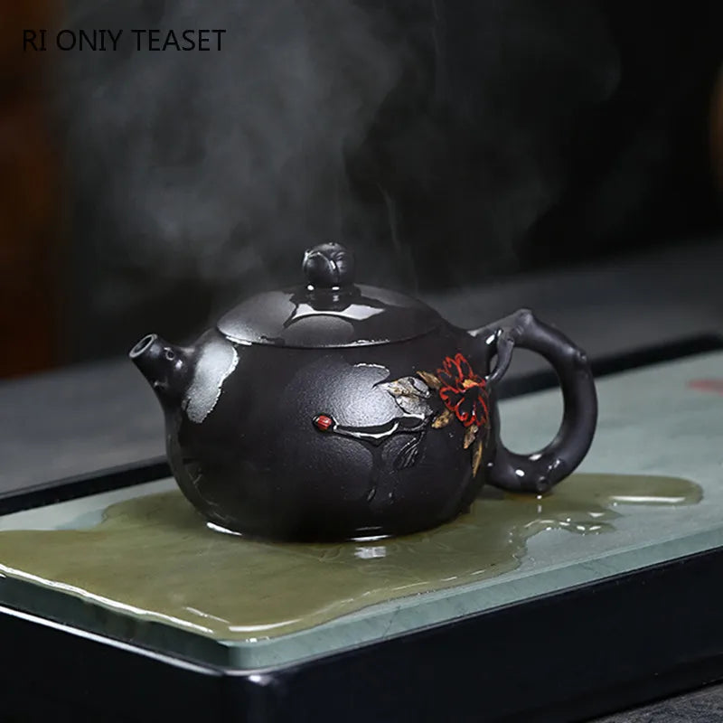 230ml Chinese Yixing Purple Clay Teapot Famous Handmade High-end Xishi Tea Pot Hand Carved Kettle Zisha Tea Set Collection