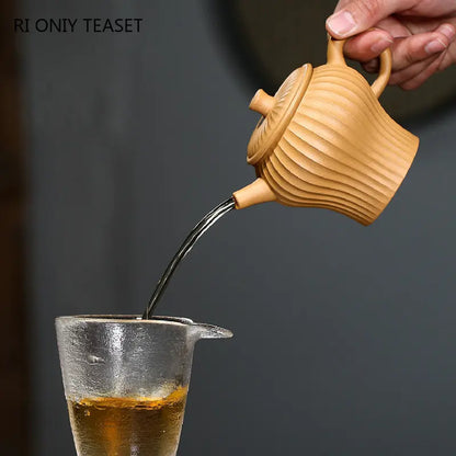 230ml Chinese Yixing Purple Clay Teapots Famous Handmade Stripe Shape Tea Pot Raw Ore Gold Section Mud Kettle Zisha Tea Set