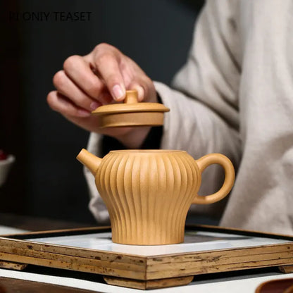 230ml Chinese Yixing Purple Clay Teapots Famous Handmade Stripe Shape Tea Pot Raw Ore Gold Section Mud Kettle Zisha Tea Set