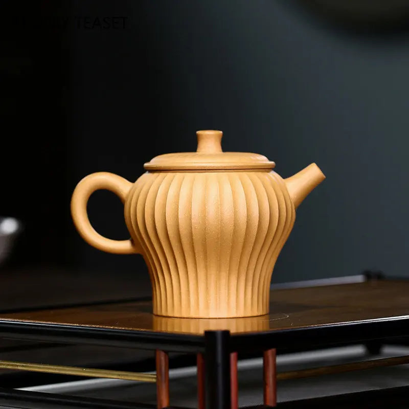 230ml Chinese Yixing Purple Clay Teapots Famous Handmade Stripe Shape Tea Pot Raw Ore Gold Section Mud Kettle Zisha Tea Set