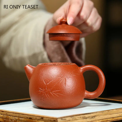 230ml Chinese Yixing Purple Clay Teapots Master Handmade Dragon Egg Tea Pot Hand Carved Bamboo Leaf Kettle Zisha Tea Set