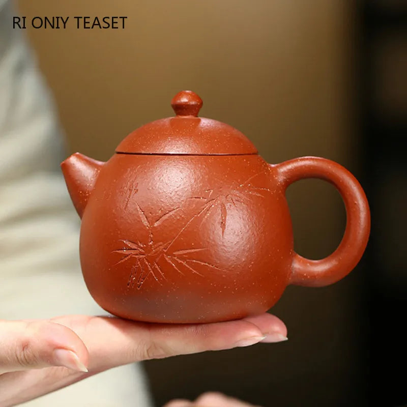 230ml Chinese Yixing Purple Clay Teapots Master Handmade Dragon Egg Tea Pot Hand Carved Bamboo Leaf Kettle Zisha Tea Set