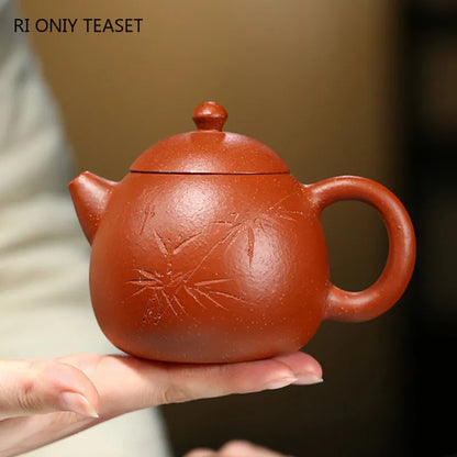 230ml Chinese Yixing Purple Clay Teapots Master Handmade Dragon Egg Tea Pot Hand Carved Bamboo Leaf Kettle Zisha Tea Set
