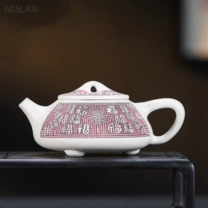 230ml Classic Yixing Purple Clay Tea Pot White Mud Stone Scoop Filter Teapot Hand Carving Beauty Kettle Custom Tea Set Supplies