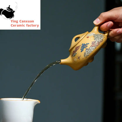 230ml Hand Painted Yixing Purple Clay Teapots Raw Ore Gold Section Mud Tea Pot Household Stone Scoop Filter Kettle Zisha Teaware