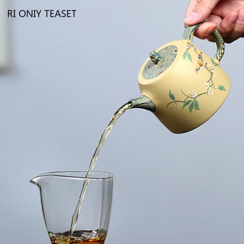 230ml Yixing High-end Purple Clay Teapot Handmade Mud Painted Flowers and Birds Tea Pot Kettle Chinese Zisha Tea Set Collection