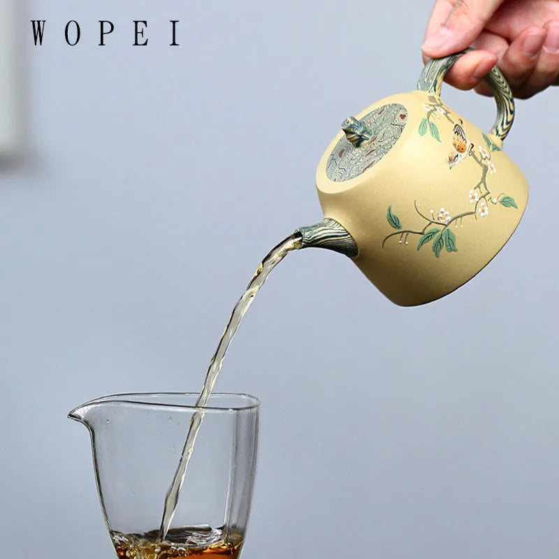 230ml Yixing High-end Purple Clay Teapot Handmade Mud Painted Flowers and Birds Tea Pot Kettle Chinese Zisha Tea Set Collection