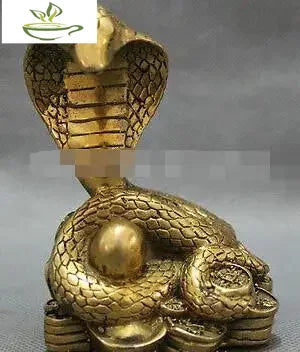 Chinese Pure Brass Year Zodiac Ball Snake On Wealth YuanBao Coin Statue Animals