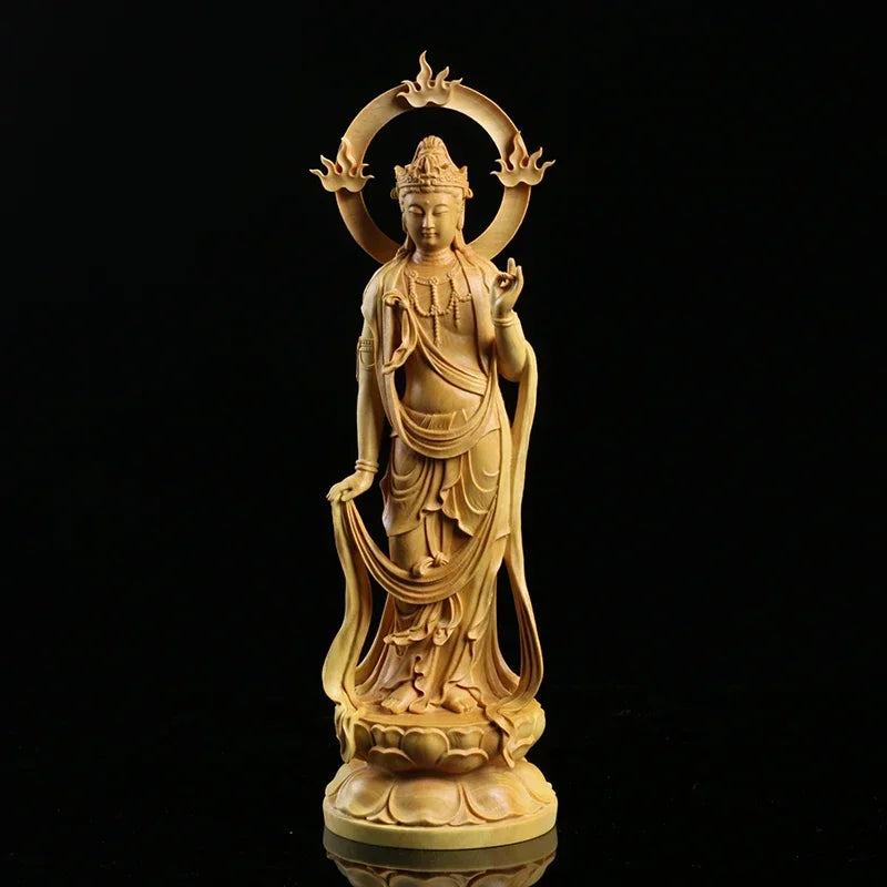 23CM Boxwood Carving Furnishing Ornaments Wood Crafts Buddha Statue Gifts Guanyin Sculpture Decoration Crafts