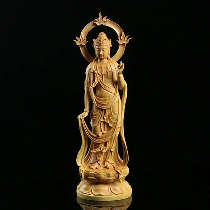 23CM Boxwood Carving Furnishing Ornaments Wood Crafts Buddha Statue Gifts Guanyin Sculpture Decoration Crafts