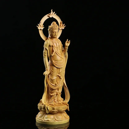 23CM Boxwood Carving Furnishing Ornaments Wood Crafts Buddha Statue Gifts Guanyin Sculpture Decoration Crafts