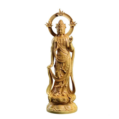 23CM Boxwood Carving Furnishing Ornaments Wood Crafts Buddha Statue Gifts Guanyin Sculpture Decoration Crafts
