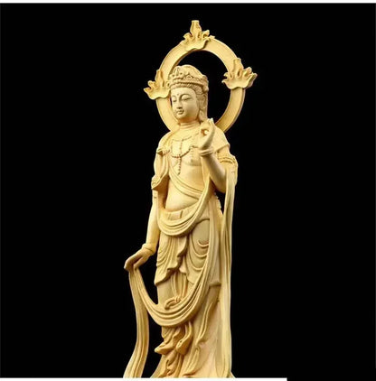 23CM Boxwood Carving Furnishing Ornaments Wood Crafts Buddha Statue Gifts Guanyin Sculpture Decoration Crafts