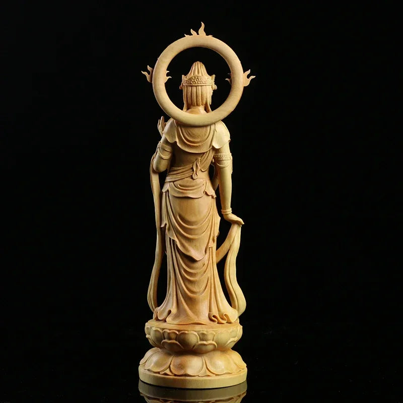 23CM Boxwood Carving Furnishing Ornaments Wood Crafts Buddha Statue Gifts Guanyin Sculpture Decoration Crafts