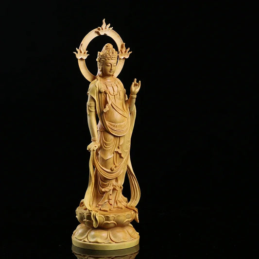 23CM Boxwood Carving Furnishing Ornaments Wood Statue Crafts Real Wood Buddha Statue Gifts Guanyin Sculpture