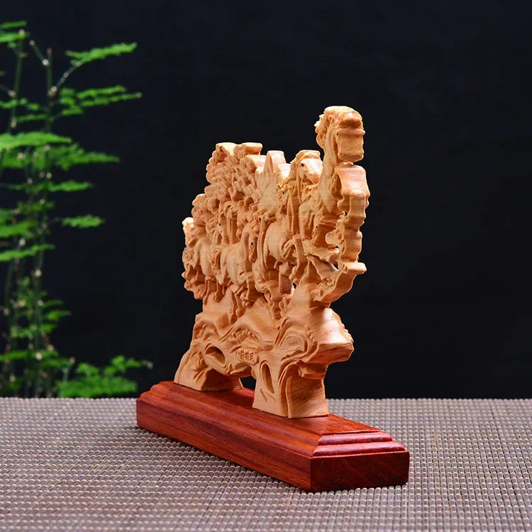 23CM Cypress Wooden Eight Horses Statue Wood Animal Figurines Home Decor Gifts  Sculptures Accessories