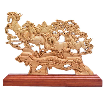 23CM Cypress Wooden Eight Horses Statue Wood Animal Figurines Home Decor Gifts  Sculptures Accessories