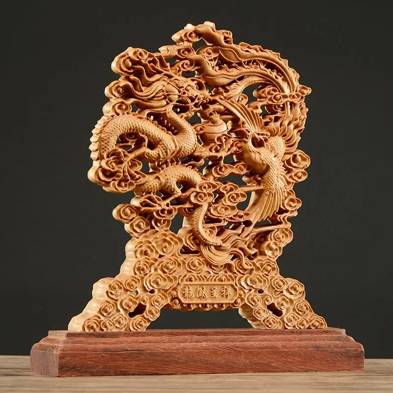 23CM Hollow Wood Wealth Carving  Thuja Wood Dragon Phoenix Sculpture Decor Dish Lucky Gift Home Decor