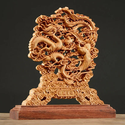 23CM Hollow Wood Wealth Carving  Thuja Wood Dragon Phoenix Sculpture Decor Dish Lucky Gift Home Decor