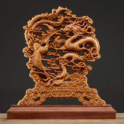 23CM Hollow Wood Wealth Carving  Thuja Wood Dragon Phoenix Sculpture Decor Dish Lucky Gift Home Decor