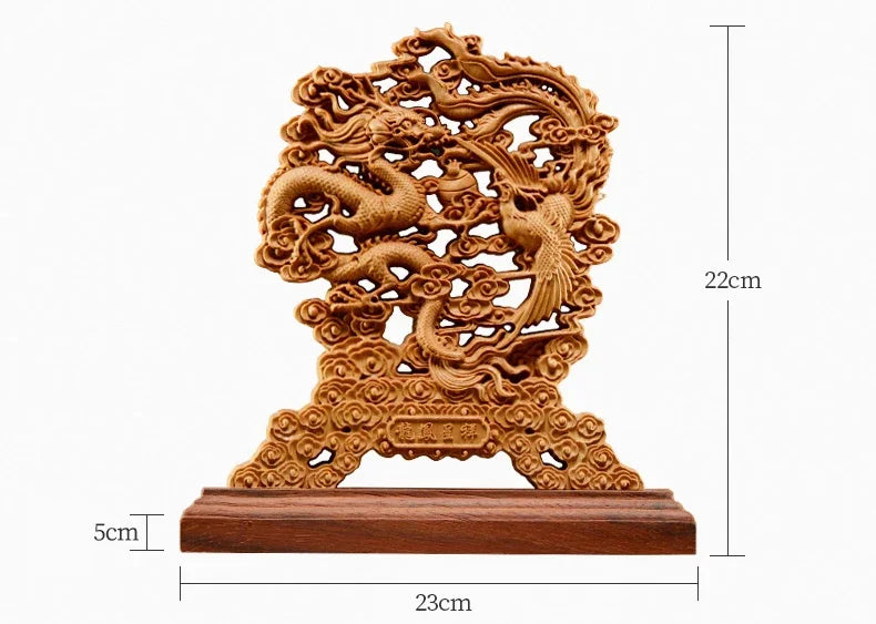23CM Hollow Wood Wealth Carving  Thuja Wood Dragon Phoenix Sculpture Decor Dish Lucky Gift Home Decor