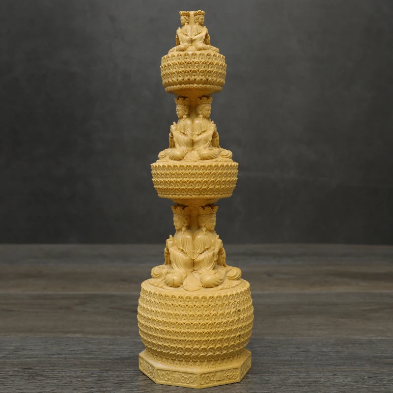 23CM Three-story Buddha Tower Boxwood Statue Three-sided Stupa Sculpture Round Pagoda Dizang Bodhisattva Buddhist  Home Decor