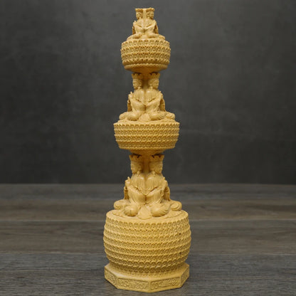 23CM Three-story Buddha Tower Boxwood Statue Three-sided Stupa Sculpture Round Pagoda Dizang Bodhisattva Buddhist  Home Decor
