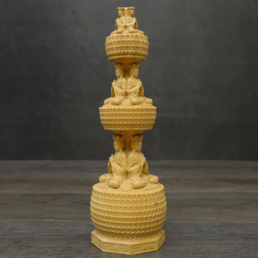 23CM Three-story Buddha Tower Boxwood Statue Three-sided Stupa Sculpture Round Pagoda Dizang Bodhisattva Buddhist  Home Decor
