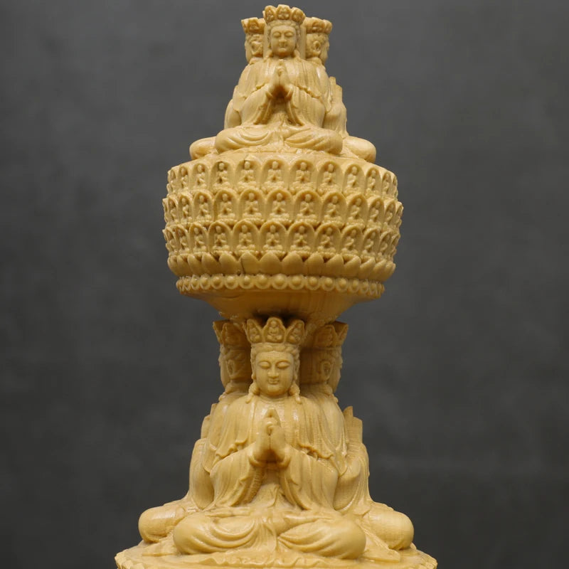 23CM Three-story Buddha Tower Boxwood Statue Three-sided Stupa Sculpture Round Pagoda Dizang Bodhisattva Buddhist  Home Decor